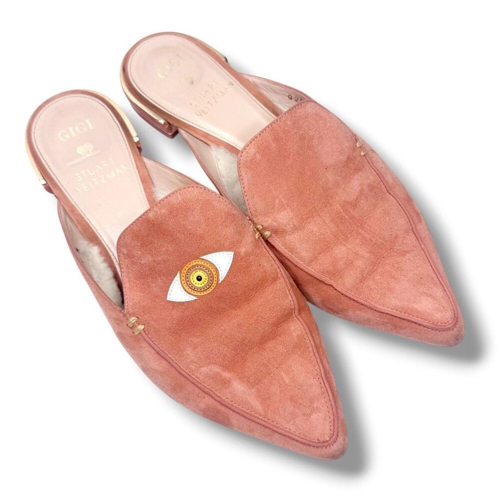 Stuart Weitzman x Gigi Hadid Eyelove Mule Pink Suede Evil Eye Shearling 8.5 M